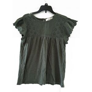 LOFT Pintucked Eyelet Top Green Cotton Cap Sleeve Womens S Back Keyhole Shirt